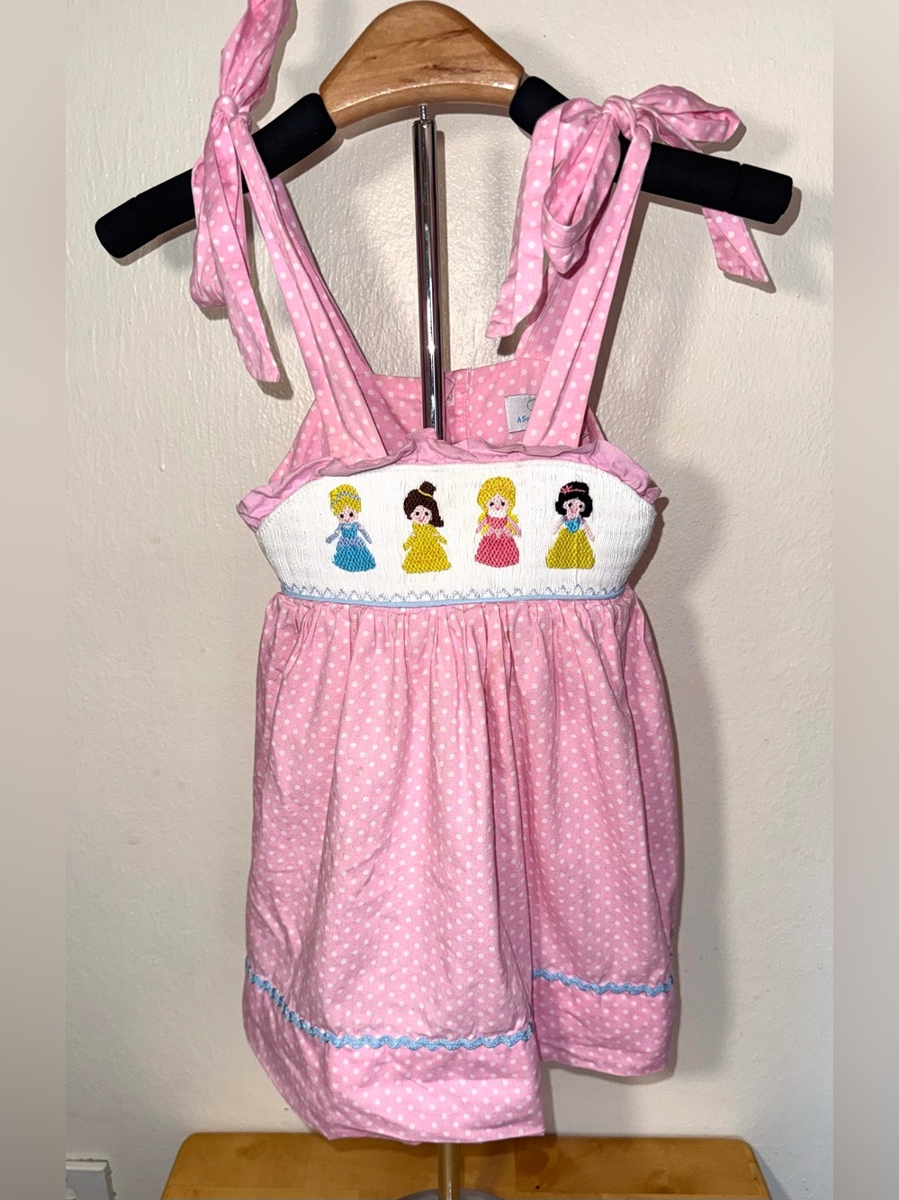 A Southern Smocking pink Princess smocked dress with shoulder ties, size 24 mos